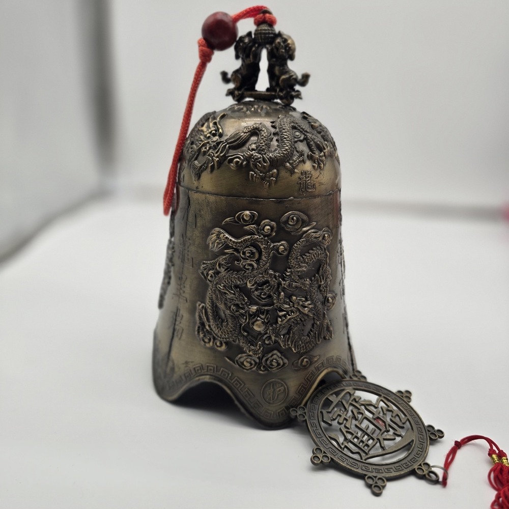 Vintage Chinese Brass Bell with Dragon & Foo Dog Motif For Luck & Wealth